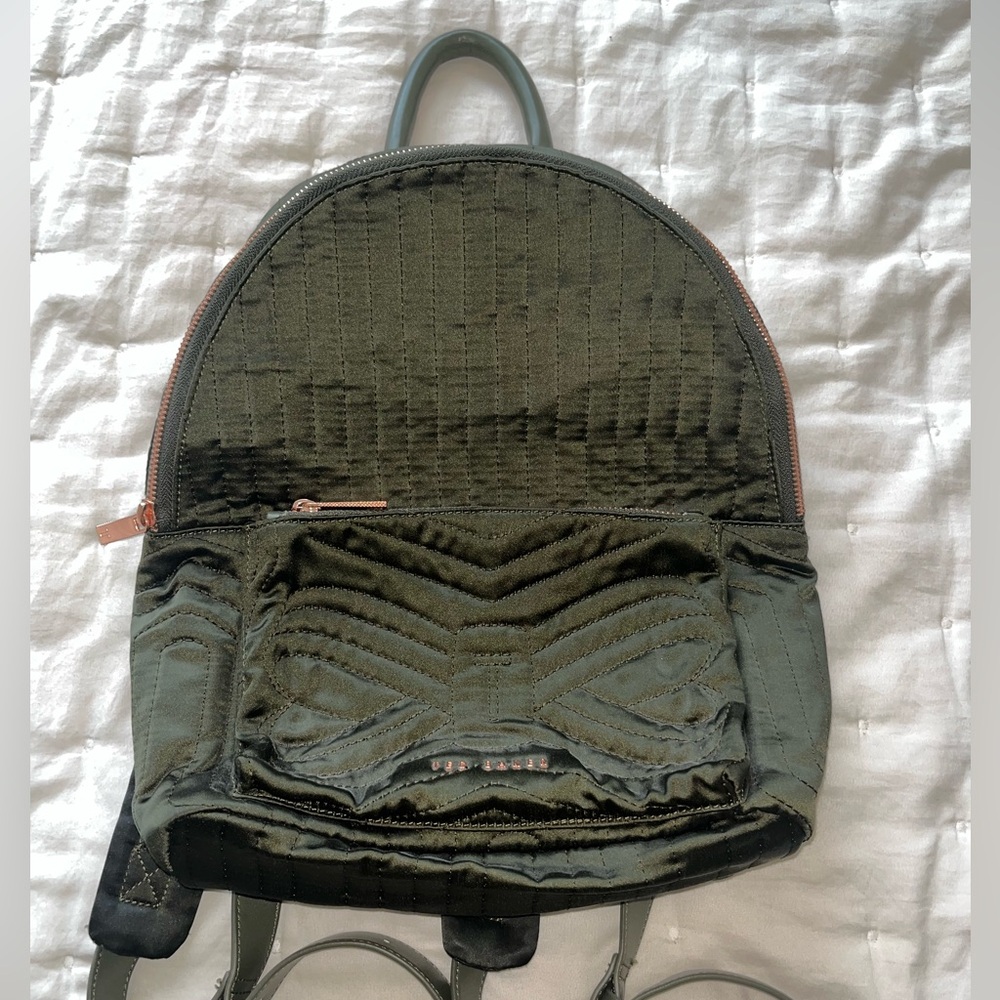 Ted Baker Olive Green Velvet Quilted Backpack with Rose Gold Accents